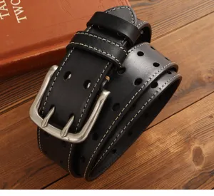 Black genuine leather mens casual belt featuring double prong metal buckle and decorative holes design.