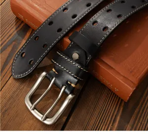 Men hollow leather belt stylish double pin buckle casual jeans belt vintage design detail.