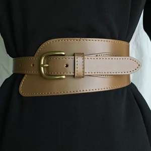 Wide brown leather waist belt for dress, stylish decorative accessory with metal buckle detail.