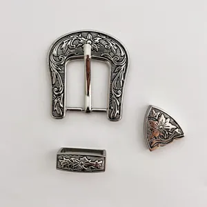 Vintage Floral Carved Zinc Alloy Pin Buckle Classic Three Piece Set Belt Hardware Accessories For Men Women