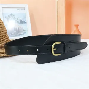 Black wide waist belt for women with retro gold metal pin buckle chic dress accessory