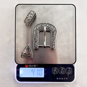 Vintage Zinc Alloy Belt Buckle 3-Piece Set Floral Engraved 24mm Ranger Set Hardware
