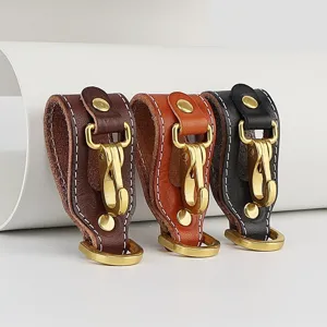 Leather belt key loop detail, genuine leather key ring with brass hook in three colors.