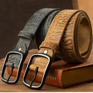Men retro embossed leather belt set with metal buckle, casual jeans belt, high quality.