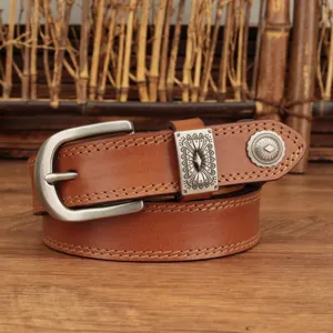 Retro Genuine Leather Women's Belt Vintage Carved Metal Pin Buckle Wide Waist Belt Casual Jeans Belt Accessories