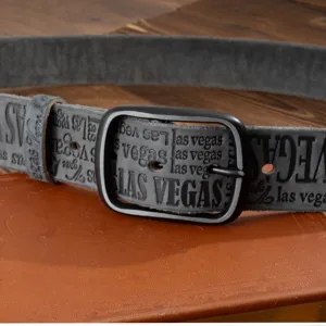 Men's retro vintage style gray leather belt with letters printed design and metal square buckle.