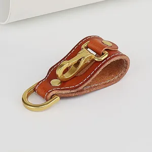 Brown genuine leather belt loop key holder with brass hardware hook for men trousers