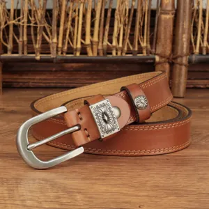 Women retro brown leather belt with vintage silver pin buckle and carved metal plate for jeans.