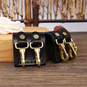 Leather belt key holder with brass hooks, durable pocket key loop clip for everyday carry use.