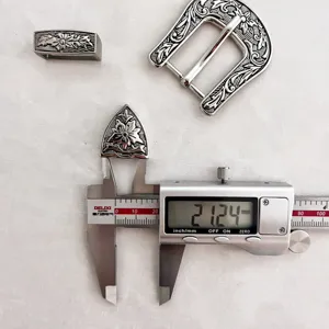 Detailed view of vintage zinc alloy carved belt buckle hardware set with precise measurement.
