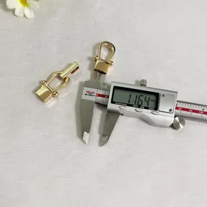 Dettaglio fibbia doppia in metallo, accessorio abbigliamento dorato vista misura in primo piano.