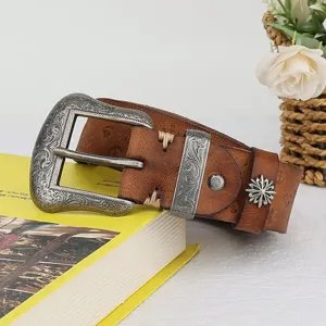 Vintage genuine leather embossed pin buckle women waist belt with floral metal hardware.