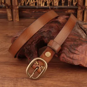 Vintage genuine leather belt for women with retro metal pin buckle casual daily wear