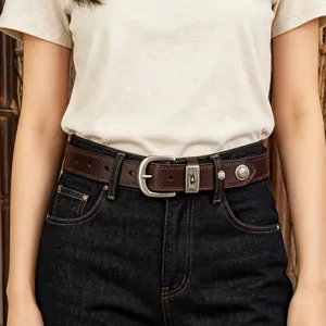 Women retro brown leather belt with vintage metal buckle and decorative conchos for jeans