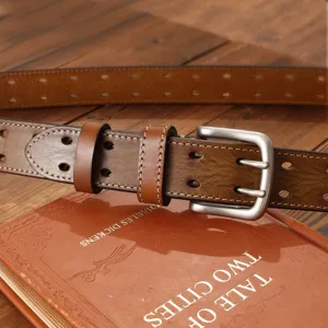 Men's Vintage Genuine Leather Belt Casual Hollow Out Double Pin Buckle Cowhide Belt For Jeans Fashion Waist Band