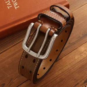 Men's retro leather belt with double prong metal buckle and stylish double holes design.