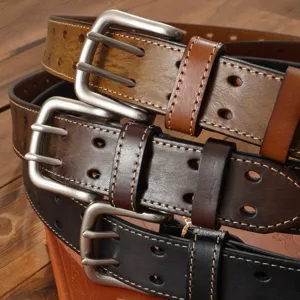 Men casual genuine leather belt vintage double prong buckle stylish trousers waist strap