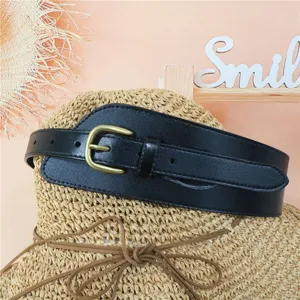 Black wide waist belt for women, stylish PU leather corset belt with metal buckle.