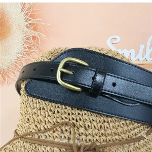 Black wide waist belt detail, vintage metal pin buckle, stylish PU leather dress accessory.