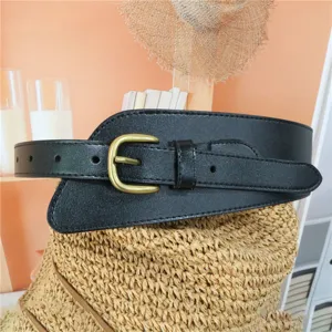 Black wide waist belt for women, stylish PU leather corset belt with vintage golden metal buckle.