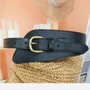 Wide black waist belt detail shot, perfect for dresses and shirts, stylish accessory.