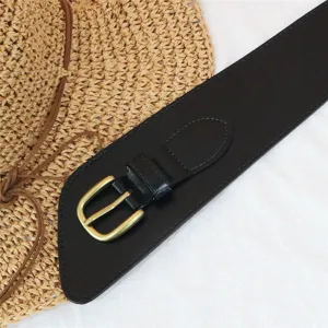 Elegant black wide waist belt with gold buckle detail, perfect for dresses and shirts.