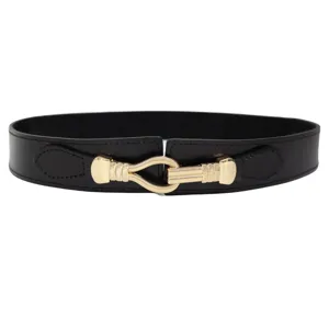 Damen breiter schwarzer Ledergürtel mit goldenem Metallhaken für elegante Kleider und Mäntel