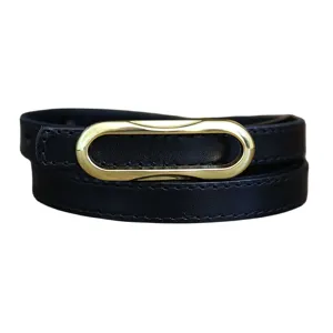 Women black genuine leather slim wrap belt with elegant gold oval metal buckle chic.