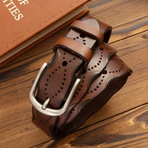 Vintage Genuine Cowhide Leather Belt For Women Casual Hollow Out Floral Metal Pin Buckle Ladies Waist Belt Jeans Pants Belt