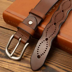 Vintage genuine leather women belt with carved pattern and metal pin buckle casual waist belt
