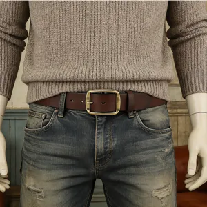 Detailed close-up view of a dark brown leather belt featuring a classic square metal pin buckle.