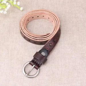 Women's vintage brown leather belt with star cutouts and silver pin buckle for daily wear.