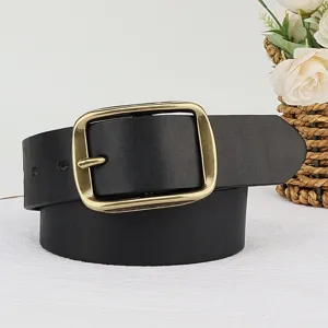 Retro genuine leather belt for men and women, casual fashion pin buckle waist strap black.