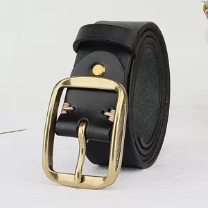 Vintage genuine leather belt with brass pin buckle and handmade stitching, casual waist belt.