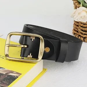 Vintage genuine leather belt detail shot showcasing the metal pin buckle and stitching.