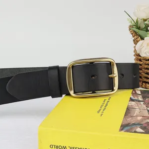 Vintage genuine leather belt detail view, classic brass metal pin buckle for casual wear.