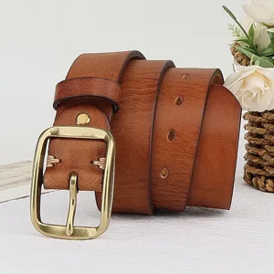 Vintage genuine leather belt with classic brass pin buckle, casual handmade waist strap.