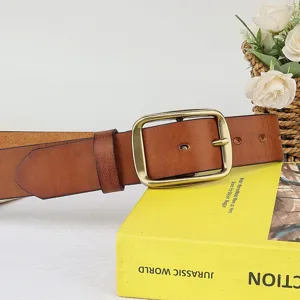 Vintage genuine leather belt for men and women, classic metal pin buckle casual waist belt.