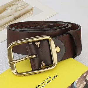 Vintage genuine leather belt with metal pin buckle, casual retro men and women waist belt.