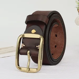Close-up view of the vintage genuine leather belt showcasing fine stitching and metal pin buckle.