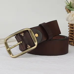 Vintage genuine leather belt for men and women, casual brown waist belt with metal pin buckle.