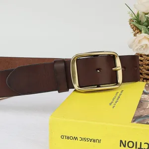 Vintage genuine leather belt with classic brass square pin buckle, casual handmade waist strap.