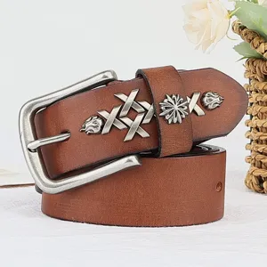 Vintage genuine leather belt for men and women with retro metal pin buckle and unique carvings.