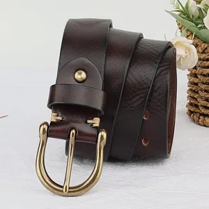 Retro genuine leather men belt with horseshoe buckle, casual top layer cowhide pants belt.