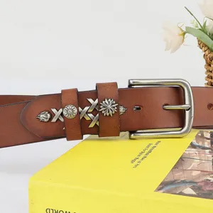 Vintage genuine leather belt featuring unique metal cross and dagger decorations for men and women.