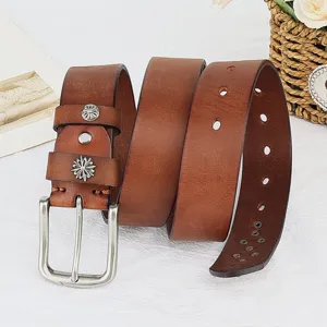 Handmade genuine leather belt with vintage metal buckle and floral rivets for casual jeans.