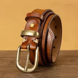 Retro brown genuine leather belt with durable brass metal buckle for daily casual wear