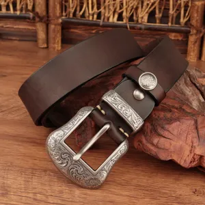 Men retro genuine leather belt featuring ornate carved silver buckle for jeans style detail view