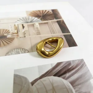 Irregular gold metal belt buckle detail shot, stylish hardware accessory for leather straps.