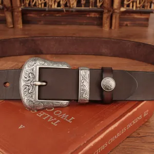 Retro men's genuine leather belt with ornate silver metal buckle and vintage chief concho design.